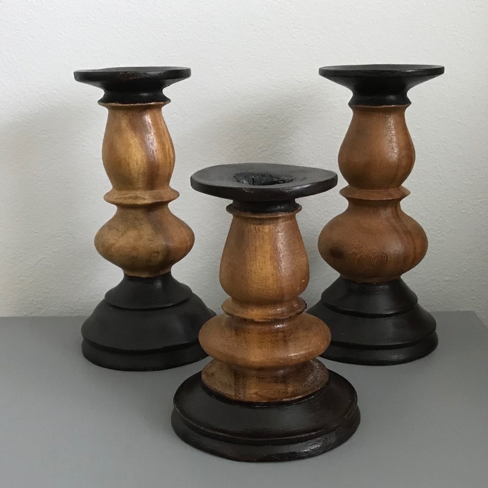 Antique Wood Candle Holders Set of Three (3)